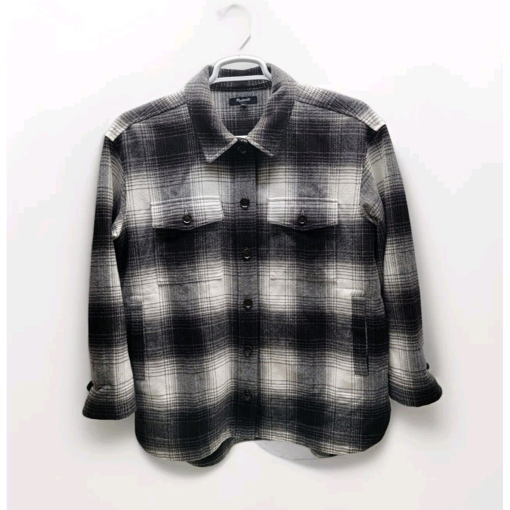 Madewell Women's L Shacket Jacket Twill Flannel Windowpane Plaid Antique Cream